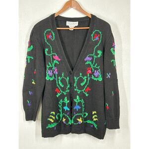 VTG Hand Knit Cardigan Sweater M Black Color Embroidered Floral Dark Coquette